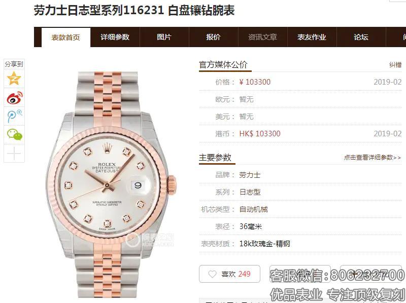 劳力士rolex日志型系列116231白盘镶钻玫瑰金手表