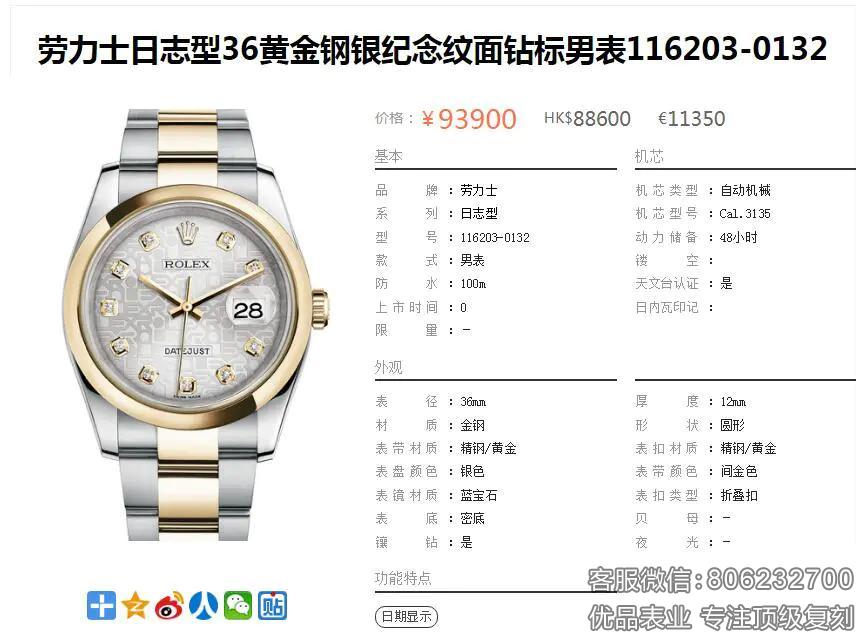 高仿劳力士电脑纹 日志型系列116203-0132